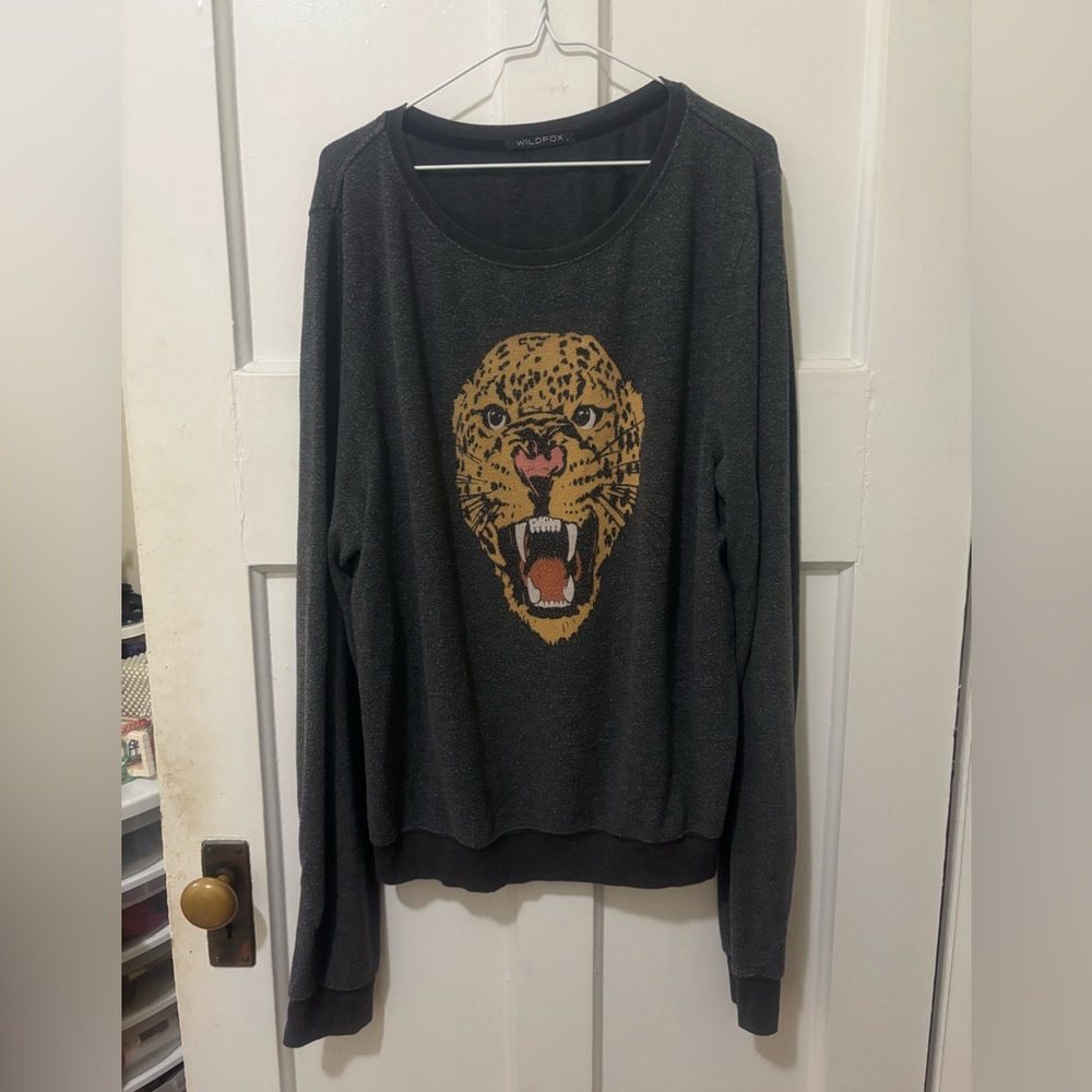 WILDFOX Gray Crew Neck Sweater with Leopard